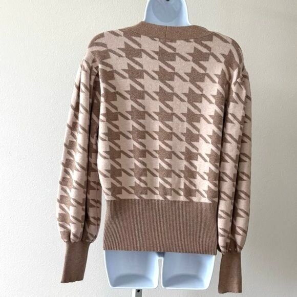 Joie Cardigan Large Tan V Neck Houndstooth Puff Sleeve Old Money Preppy Academia - Picture 2 of 12